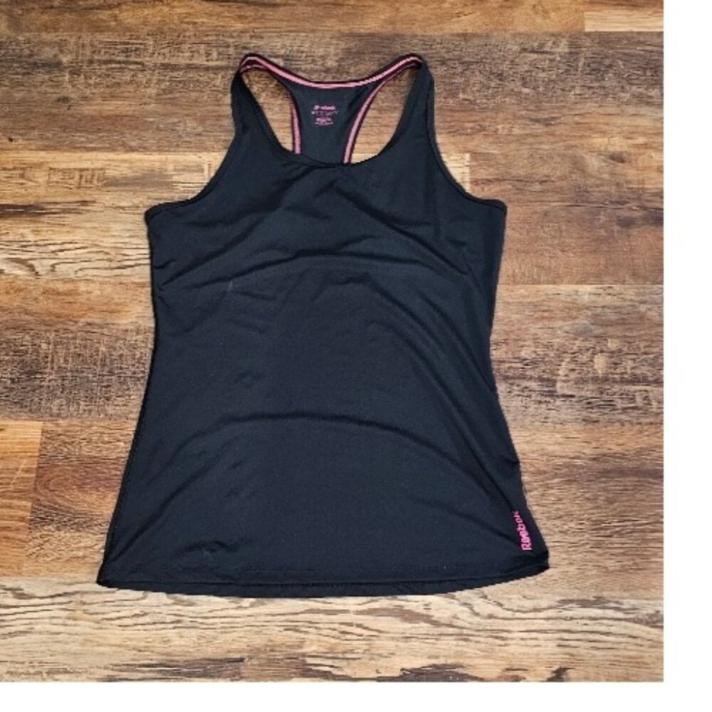 Reebok Athletic Exercise Workout Tank Top Black Pink Play Dry Size Large EUC